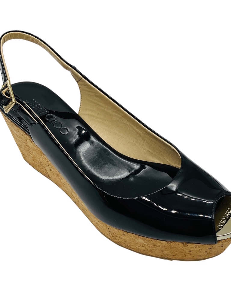 Jimmy Choo Black Patent Leather Cork Platform Wedge Sandals